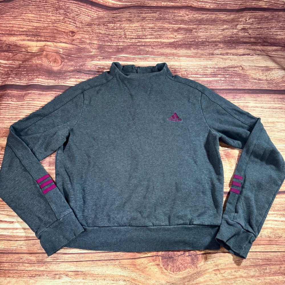 Adidas Sweatshirt Women Gray Embroidered Mock Dual Texture Fleece Lined Crop S